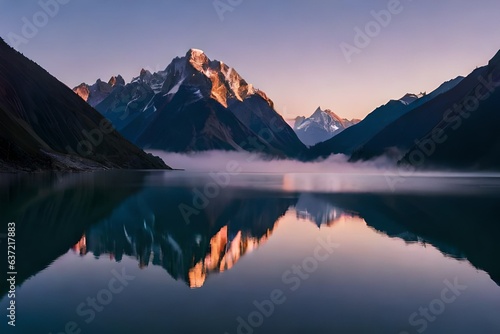 Mountain lake with perfect reflection at sunrise. Beautiful landscape with purple sky, snowy mountains, hills, fog over the lake. Snow covered rocks is reflected in water. Nature © Stone Shoaib