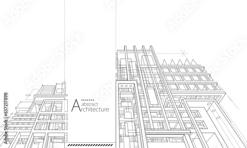 3D illustration abstract modern urban building out-line black and white drawing of imagination architecture building construction perspective design. 