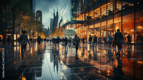 Several business people walk fast motion blur in the corridor of modern city