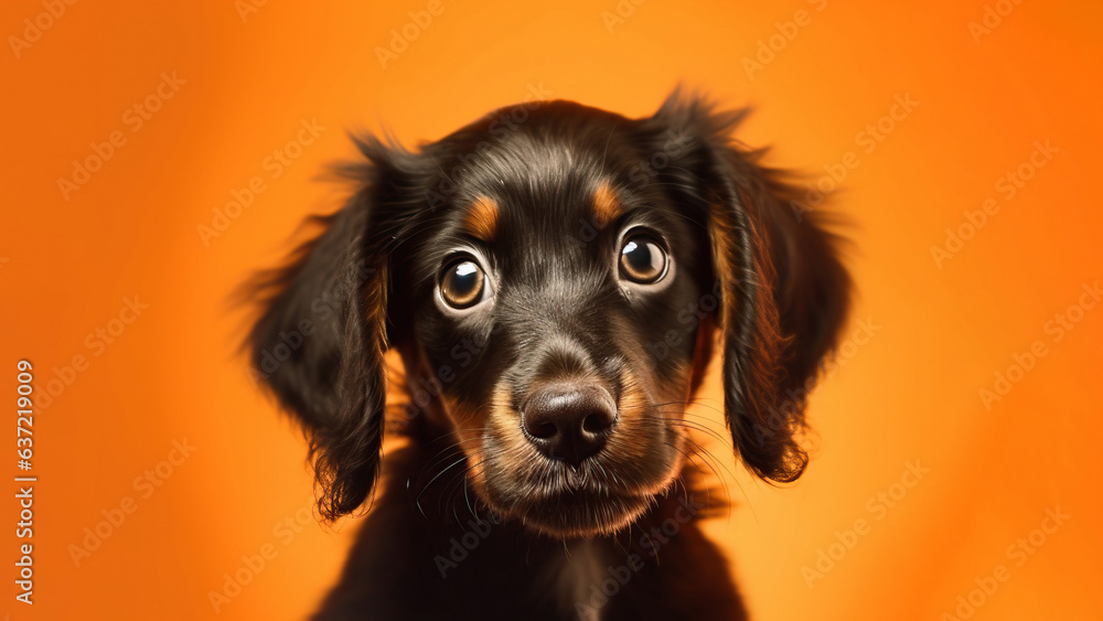 Cute spaniel puppy on orange background with copy space Cute spaniel puppy on orange background with copy space