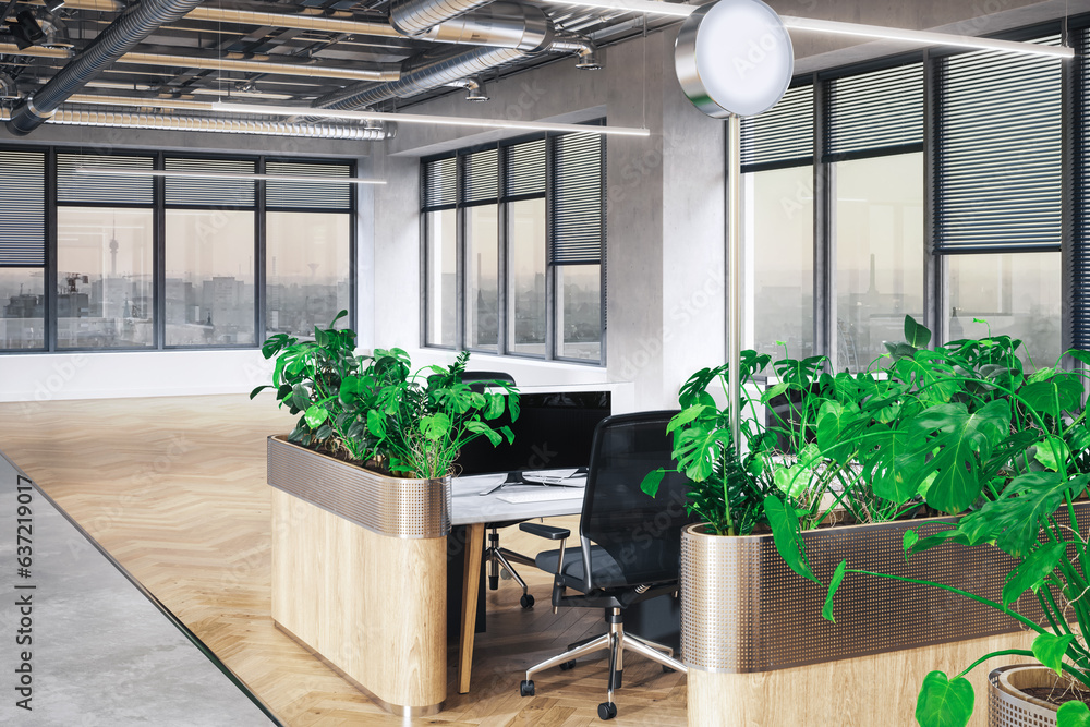Offene Büroarchitektur unter Berücksichtung der Nachhaltigkeit bei der Wahl der Materialien und der Raumgestaltung (Planung)) - 3D Visualisierung