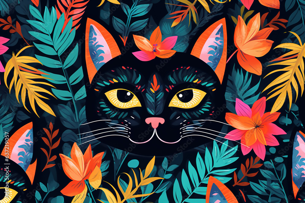 Pattern design using cat head and flowers and leaves. Pet. Animals. Illustration, Generative AI. Pattern design using cat head and flowers and leaves. Pet. Animals. Illustration, Generative AI.