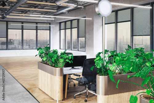 Obraz na płótnie Offene Büroarchitektur unter Berücksichtung der Nachhaltigkeit bei der Wahl der Materialien und der Raumgestaltung (Planung)) - 3D Visualisierung w salonie