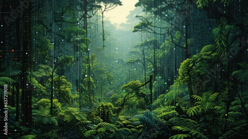 A visual representation of a lush rainforest composed of digital code, portraying the abundance of possibilities in remote work   generative AI © ArtisanSamurai