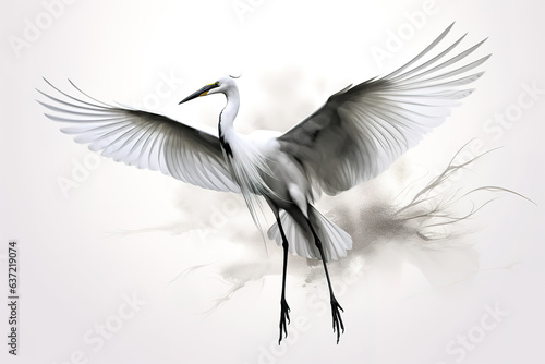 Image of a great egret with spread wings in flight on a white background. Wildlife. Bird. Illustration, Generative AI.