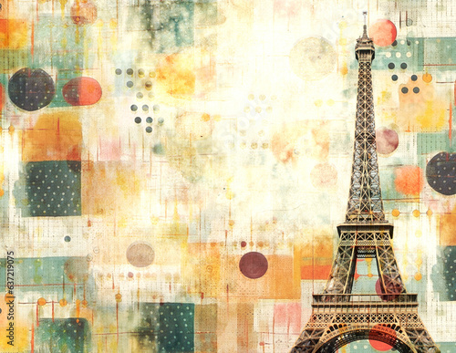 Old cardboard texture with Eiffel Tower - famous landmark of Paris and polka dots pattern. Horizontal retro travel banner with paper texture. Vintage card with Eiffel Tower