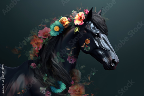 Image of black horse head surrounded by colorful tropical flowers. Wildlife Animals. Illustration, Generative AI.