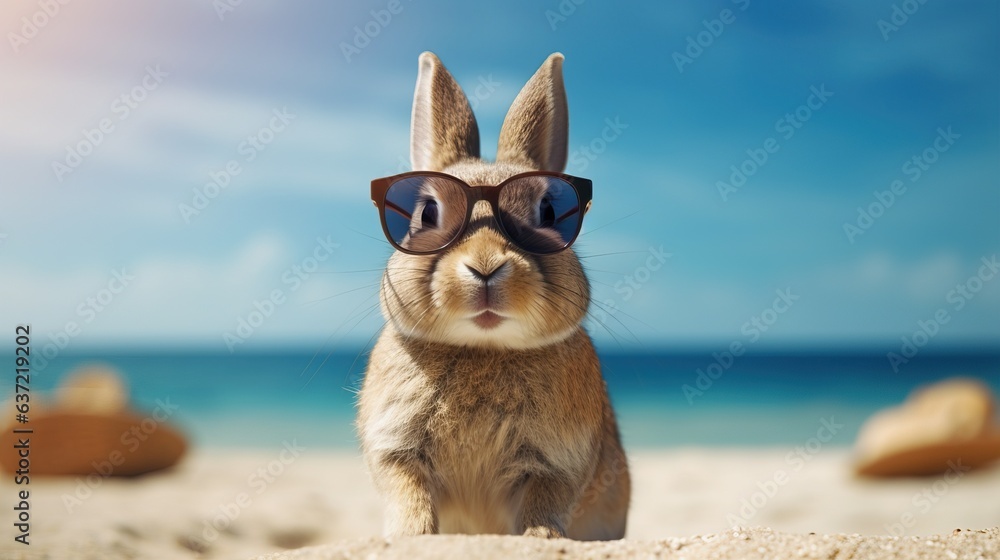 Obraz premium Unny rabbit wearing sunglasses on the beach.