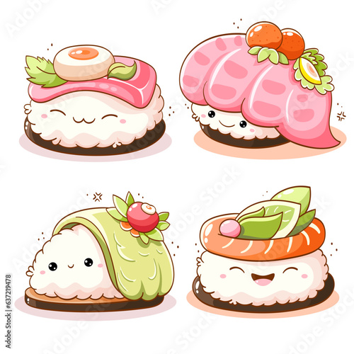Set of cute sushi and rolls in kawaii style with smiling faces. Japanese traditional cuisine dishes. Can be used for t-shirt print, sticker, greeting card, menu design. Vector illustration EPS8  