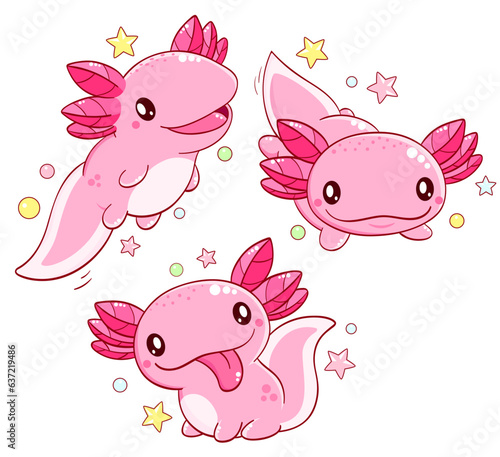 Set of cute axolotl  in kawaii style. Collection of lovely axolotl baby in different poses. Can be used for t-shirt print, sticker, greeting card design. Vector illustration EPS8