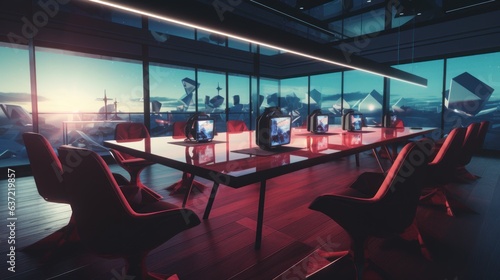 An image depicting a virtual reality headset projecting a grand summit meeting room, highlighting the integration of virtual reality technology in modern business interactions. | generative AI