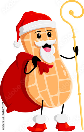 Cartoon Christmas peanut nut Santa character wear red hat holding wooden staff and gifts bag. Isolated vector xmas Father Noel plant pod personage deliver presents and spreading festive spirit and joy