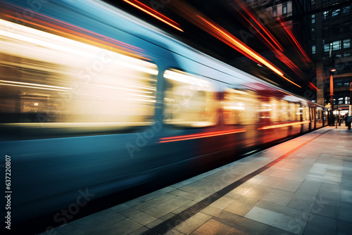 High speed train in motion on the railway station, Railroad with motion blur effect. Commercial transportation. Blurred background