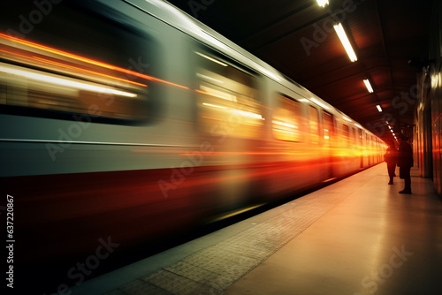 High speed train in motion on the railway station, Railroad with motion blur effect. Commercial transportation. Blurred background