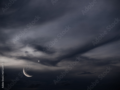 Ramadan Sky Moon Star Islam sunset Background, Night Crescent Moon Skylight Dark Blue Night Landscape Evening Dua Mubarak Muslim Islamic Eid Islamic Mubarak Greeting Kareem Ramazan Jumada Safar Rabi. photo