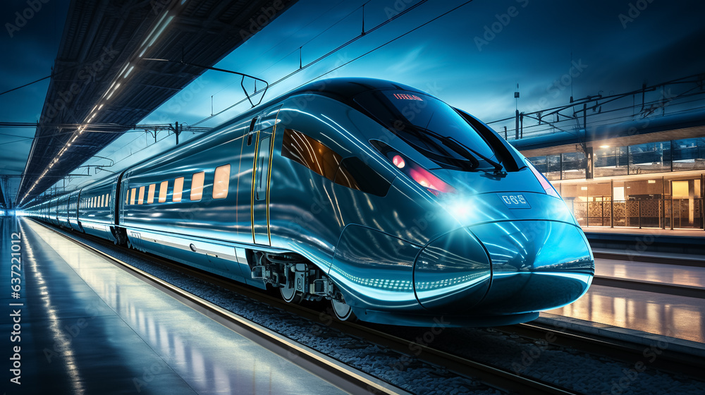 Naklejka premium High speed train in motion on the railway station, Railroad with motion blur effect. Commercial transportation. Blurred background