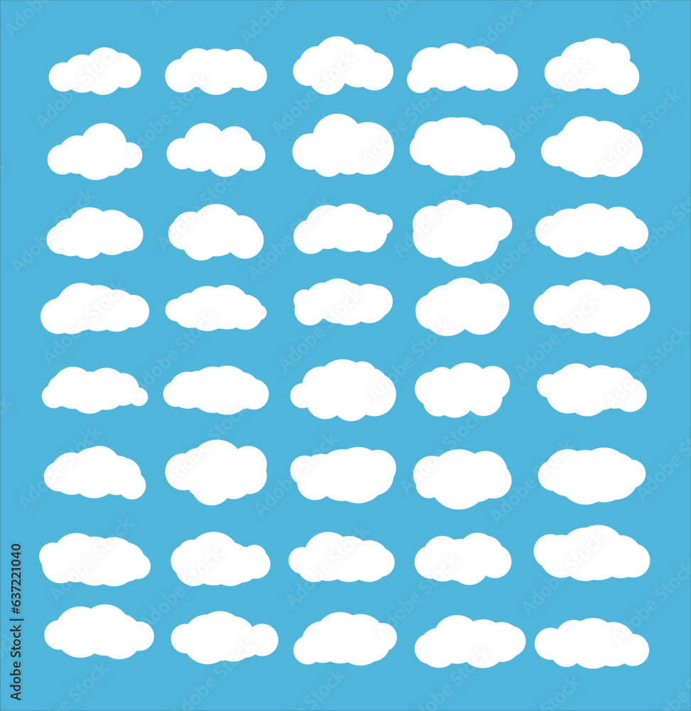 clouds set vector sky blue background, set of 40 white cloud shapes clouds set vector sky blue background, set of 40 white cloud shapes