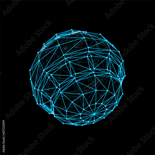 futuristic sphere and 3d wireframe ball shape. Cyber mesh sphere, futuristic geometric vector structure or blue wire line ball. Digital technology 3d polygonal hologram or model