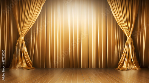 Gold curtains and wooden floor Golden stage concept of exclusivity