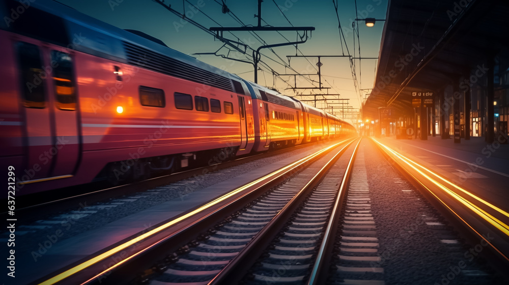 Naklejka premium High speed train in motion on the railway station, Railroad with motion blur effect. Commercial transportation. Blurred background