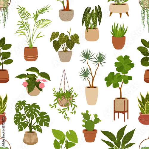 Pot with green plants seamless pattern, flowers and succulents. Office flowerpots. Cartoon vector tile wallpaper with houseplants monstera, cacti and ficus. Alocasia, sansevieria, strelitzia and agave