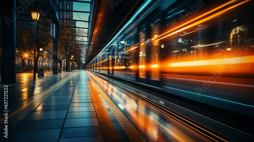 High speed train in motion on the railway station, Railroad with motion blur effect. Commercial transportation. Blurred background