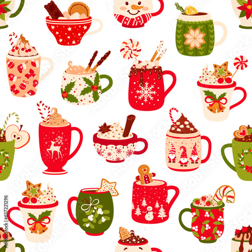 Christmas chocolate and eggnog cups seamless pattern. Festive drink and hot beverage mugs of Xmas winter holidays vector background. Hot chocolate and eggnog cocktail ceramic cups with snowflake decor