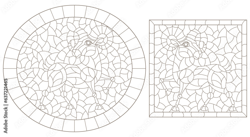 A set of contour illustrations in the style of stained glass with sheep, animals isolated on a white background