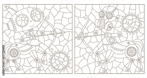 Set of contour illustrations in the style of stained glass with steam punk signs of the zodiac Sagittarius, dark contours on a white background