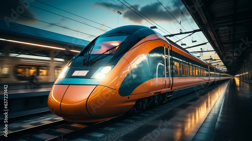 High speed train in motion on the railway station, Railroad with motion blur effect. Commercial transportation. Blurred background