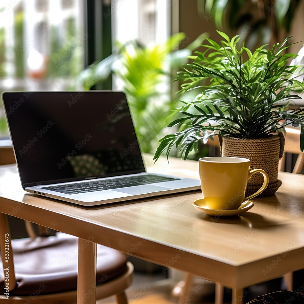 Wooden table of a living room with coffee and laptop Wooden table of a living room with coffee and laptop
