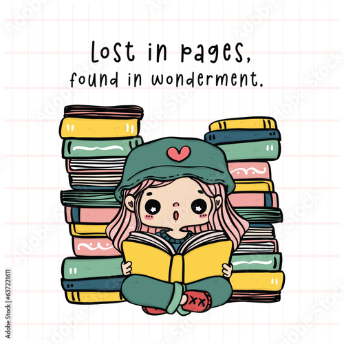 Cute bookworm Student Girl reading book surrounded by Stacks of Books. Joyful Reading vibrant color Cartoon Doodle