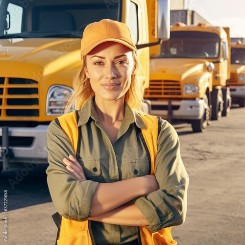 Female truck driver in uniform with a proud attitude