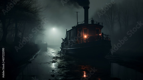 dutch coal barge on the Manchester Canal, 1920s, dirty, night smog by moonlight, thick fog, cinematic art