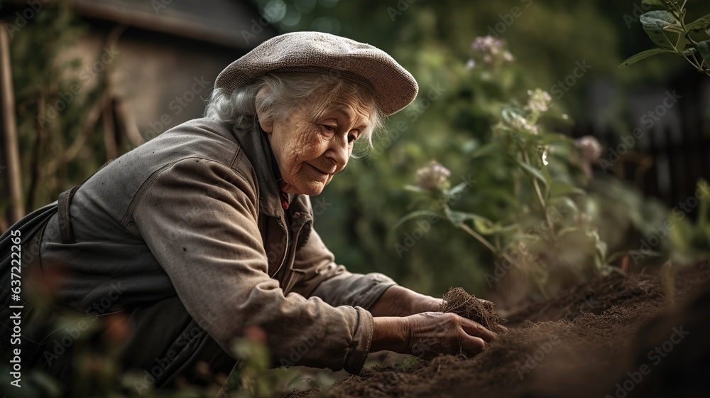 Elderly woman enjoying gardening outdoor.