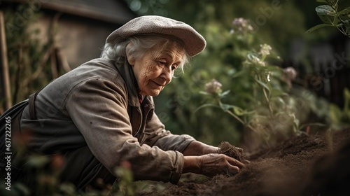 Elderly woman enjoying gardening outdoor. © vlntn