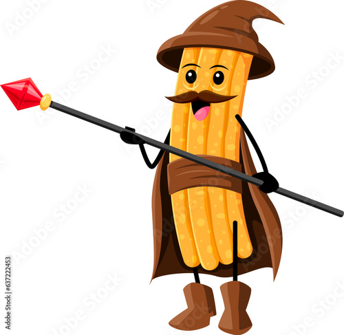 Cartoon Halloween churros tex mex food wizard and mage character. Isolated vector magical personage made of churro dough, casting delicious spells to create crispy and sugary treats for holiday