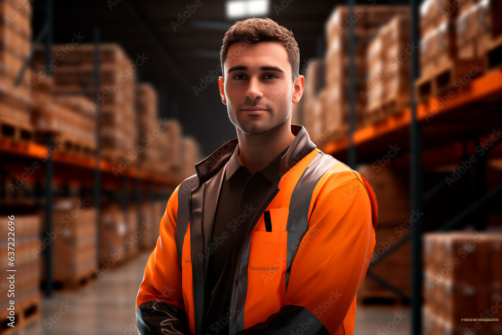 A man in a vest is smiling in a warehouse. Happy employees. High shelves of the warehouse A man in a vest is smiling in a warehouse. Happy employees. High shelves of the warehouse