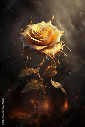 Golden rose with smoke around