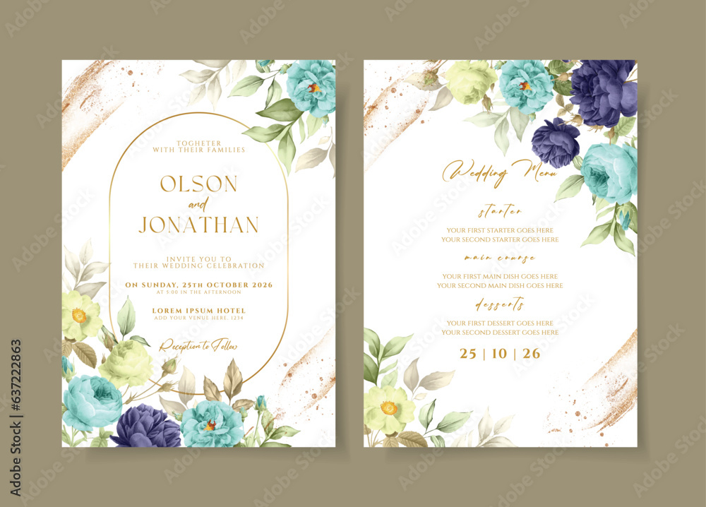 Floral wedding invitation and menu template set with purple blue roses and leaves decoration Floral wedding invitation and menu template set with purple blue roses and leaves decoration