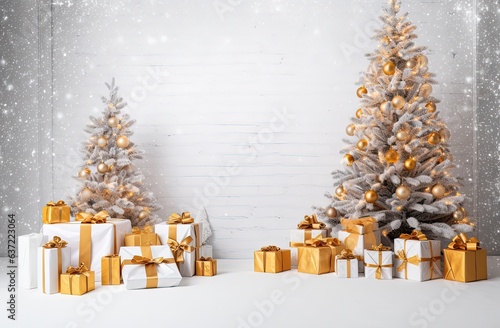 Christmas tree and gifts are placed near white snow on the wooden background photo
