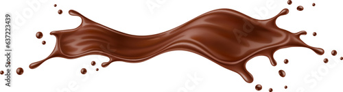 Realistic liquid brown chocolate long wave flow splash. Isolated 3d vector mouthwatering choco jet, velvety smooth cocoa cascading, rich, decadent layer, tempting the taste buds with luscious allure