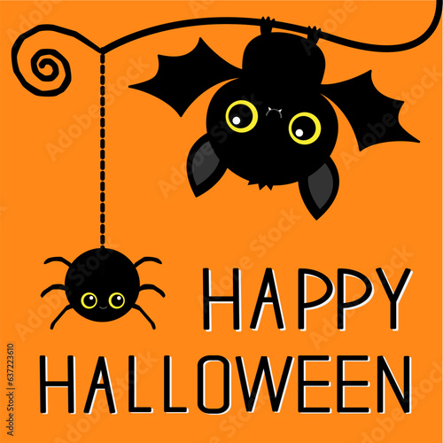 Happy Halloween. Cute hanging bat, spider on dash line web. Cartoon kawaii funnychildish baby animal charater set. Greeting card. Flat design. Orange background. Isolated.