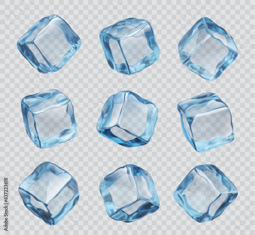 Realistic ice cubes, crystal icy blocks. Isolated 3d vector blue glass pieces for drink cooling, clean square blocks, frozen water for alcohol or cocktail beverages set on transparent background