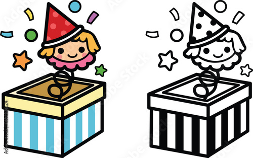 Illustration of isolated colorful and black and white jack in the box puppet toy