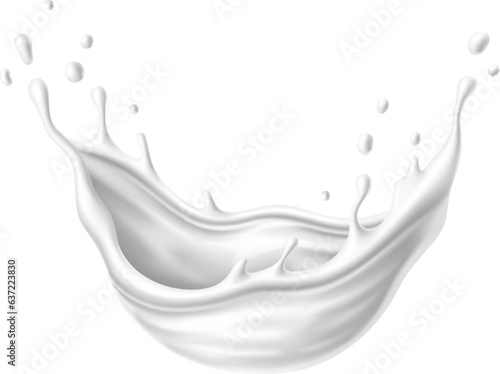 Liquid white yogurt and milk cream wave splash. Isolated realistic 3d vector pouring dairy product jet frozen in mid-air, droplets suspended in a dance of motion and fluidity with scatter droplets