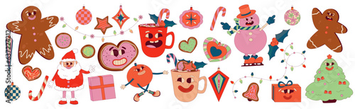 Retro Groovy Christmas set with funny character santa, snowman, gingerbread and toys. Trippy Funny Character groovy retro collection. Vector cartoon illustration