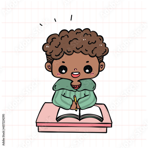 Cute Student Boy Concentrating on Study in Colorful Classroom Cartoon Illustration