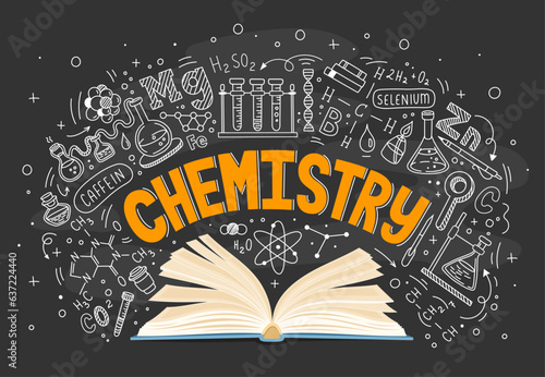 Chemistry textbook and formulas on chalkboard. Vector school education and science blackboard background with open book for student lessons and study with chalk drawing of chemical laboratory elements