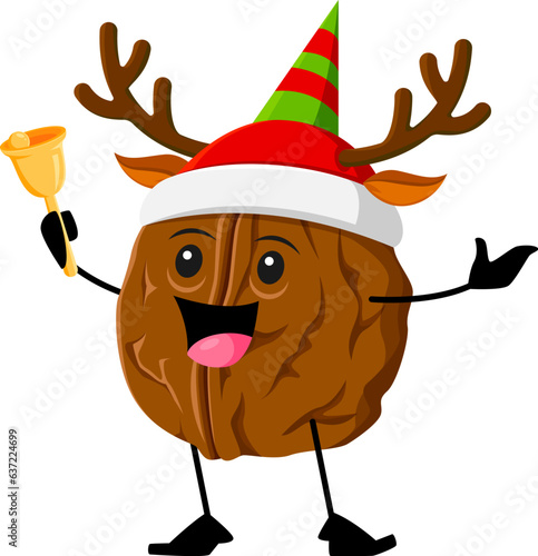 Cartoon Christmas walnut nut character rings a bell. Isolated vector nutty kernel. protein food personage wear festive hat with reindeer horns joyfully knolling, celebrating Xmas holiday cheer